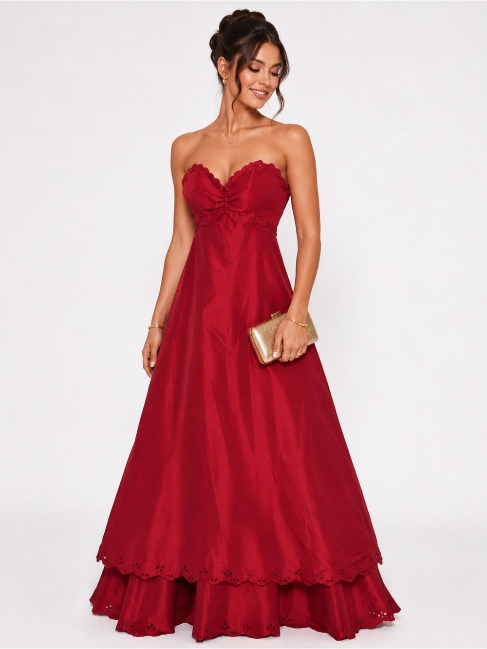 Rene Ruiz Strapless Red Scalloped Sweetheart Gown